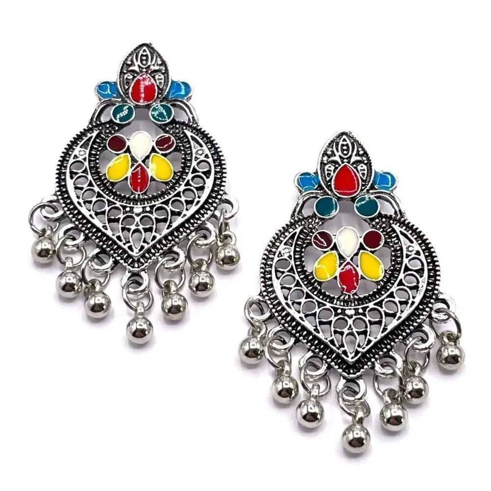 Silver with Multicolored Oil Drip Boho Dangling Drop Post Back Earrings